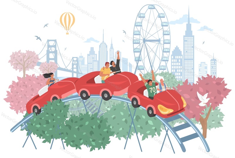 Young people riding rollercoaster in city park, flat vector illustration. Fairground, amusement park attraction. Entertainment, leisure, weekend activity. Roller coaster ride.