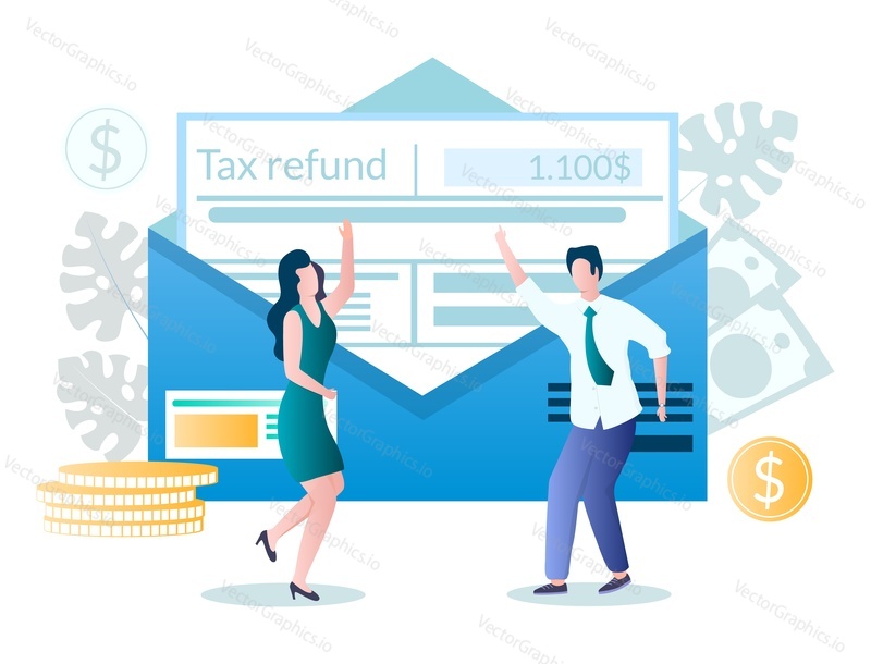 Happy people getting paid money back, flat vector illustration. Tax refund, tax rebates concept.
