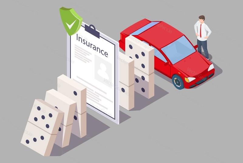 Car insurance policy stopping domino effect, flat vector isometric illustration. Auto safety and protection.