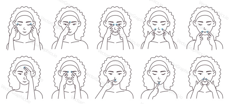 Facial acupressure massage therapy technique, vector illustration. Female character massaging her own face acupressure points to relax and manage chronic pain. Chinese medicine.