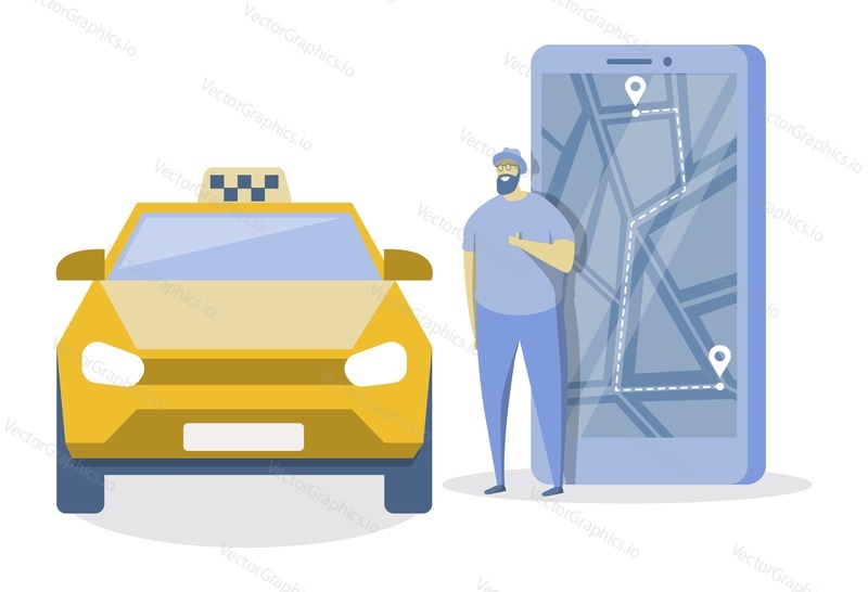 Yellow taxi cab, man standing at smartphone screen with route, location pin on city map, flat vector illustration. Online taxi service.