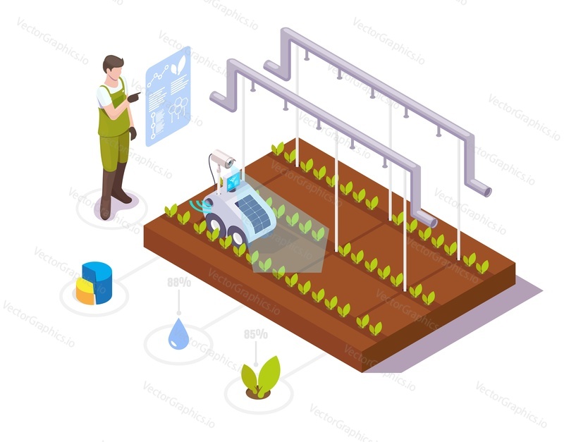 Farmer making crop growth analysis in greenhouse using robotics technologies, flat vector isometric illustration. Smart greenhouse horticulture robotics. Smart farming.
