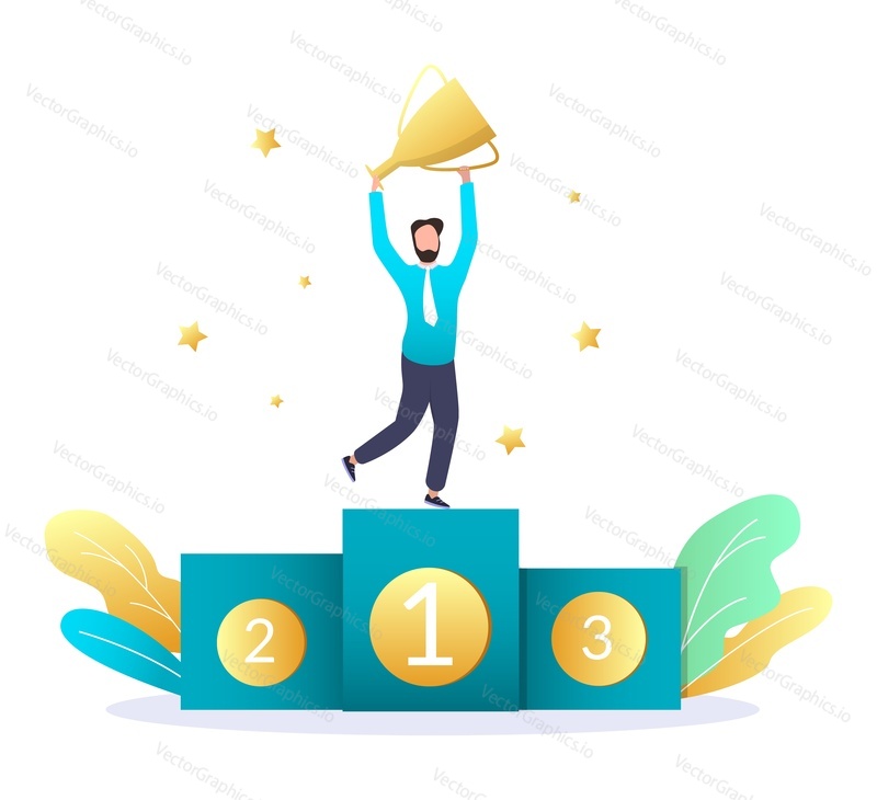 Businessman standing on podium, first place winner with trophy award cup, flat vector illustration. Business leader, champion, victory celebration.