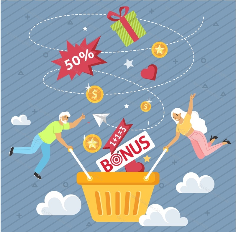 Happy people flying in the sky and catching gifts, coins into shopping basket, flat vector illustration. Discounts, bonuses, online shopping rewards. Customer attraction loyalty programs.