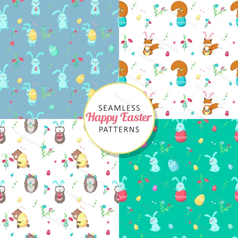 Easter seamless pattern set, vector illustration. Spring childish background, wallpaper with cute fox, squirrel, rabbit, hedgehog, bear, owl with Easter eggs, spring flowers, bunny ears headbands.