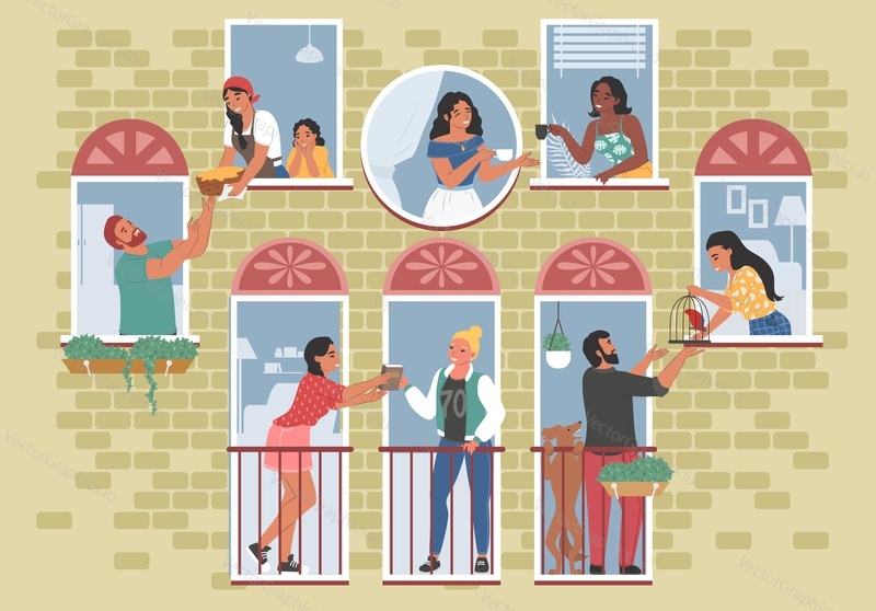 Good neighbors communicating with each other from open windows and balconies, flat vector illustration. Happy people talking, drinking tea, coffee, sharing pie, book with neighbors. Good neighborhood.