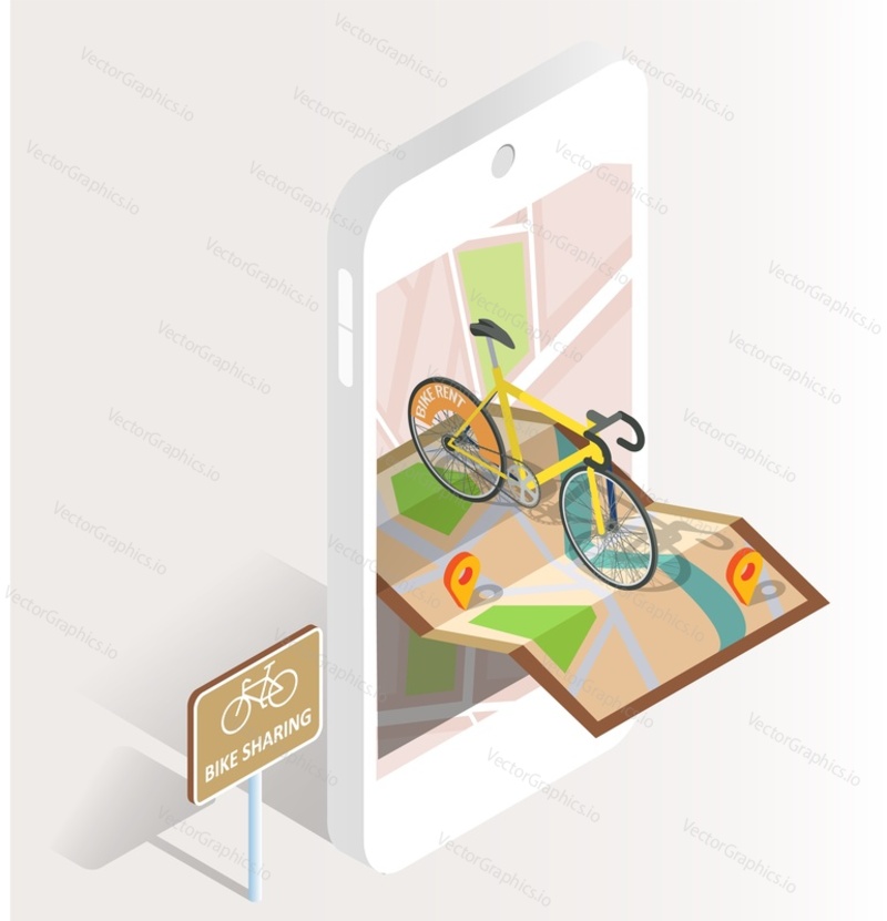 Bike sharing sign, smartphone with city map, location pins and bicycle, flat vector isometric illustration. Bicycles for rent. Bike rental app.