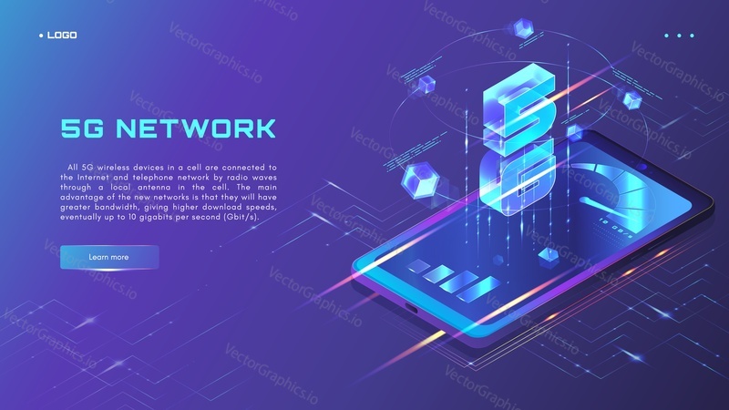 5G network website banner, web page design template, isometric glowing neon vector illustration. 5G wireless internet technology. The 5th generation mobile network.