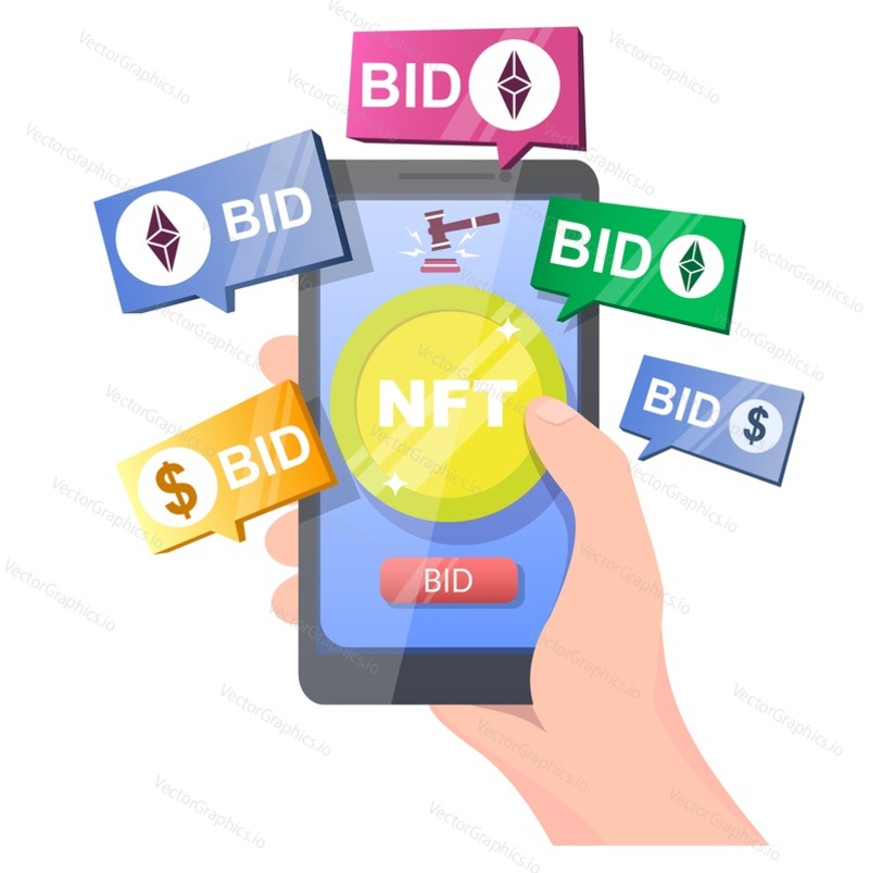 NFT crypto art auction, vector illustration. Hand holding smartphone with NFT token, bid button on screen and bidder messages. Non fungible token. Online mobile bidding, metaverse auction.