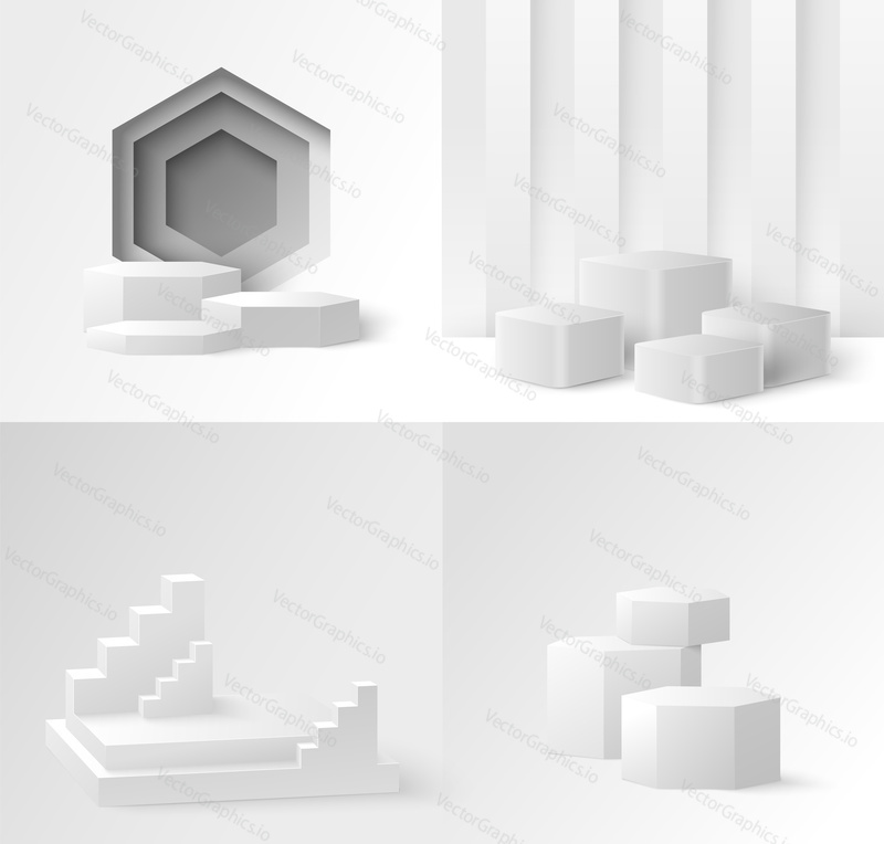Product display podium mockup set, vector isolated illustration. Realistic white empty stage, platform in various geometric shapes for exhibition, presentation event.
