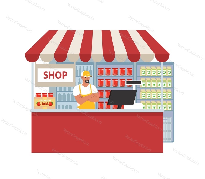 Jam store, flat vector illustration. Fruit jam jars on shelves of display case. Salesman standing at counter. Supermarket, grocery store canned fruits section. Retail shop small business.