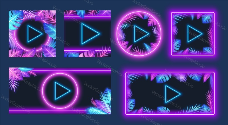 Tropical neon social network video play template set, vector illustration. Jungle social media frames for music, movie, live stream video content.