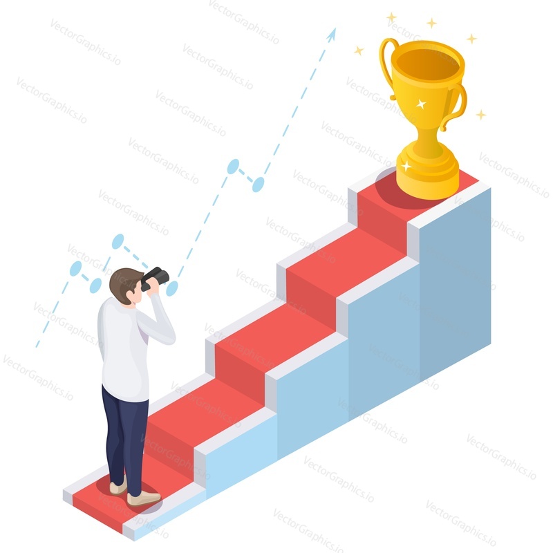 Businessman looking through telescope standing in front of staircase with trophy cup on the top, flat vector isometric illustration. Path to success, goal, business vision.