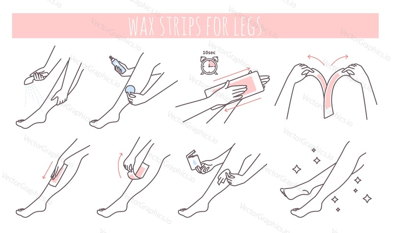 Hair removal wax strips application steps, vector illustration. Waxing at home instruction, guide. Leg depilation method. Skincare and beauty procedure.