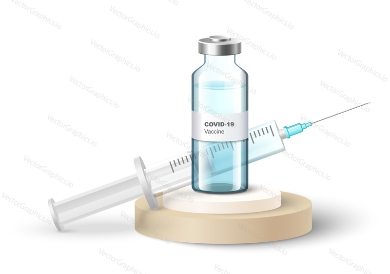 Covid-19 vaccine vial with injection syringe on display podium, vector illustration. Coronavirus vaccination campaign, protection against covid disease.