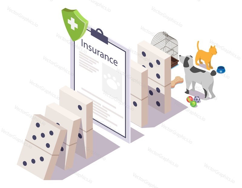 Pet insurance policy stopping domino effect, flat vector isometric illustration. Animal health insurance for cats and dogs. Pet protection.