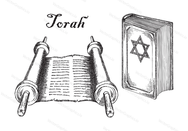 Torah scroll, Judaism religion Holy book. Ancient Jewish Bible sacred texts, holy scriptures, vector vintage sketch style illustration isolated on white background.