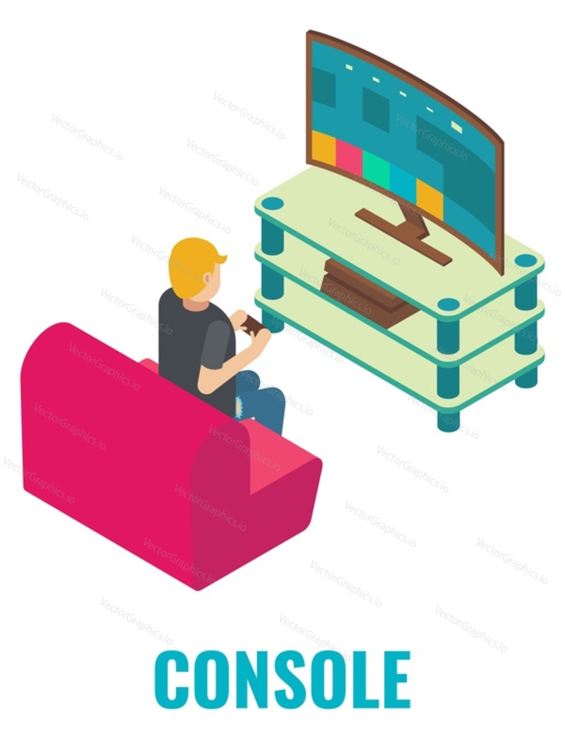 Young man playing video console game, flat vector isometric illustration. Game club, room, zone attractions, fun activities, entertainment.