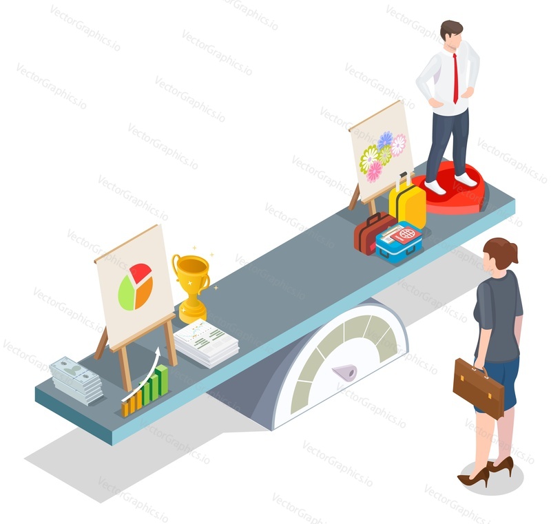 Business woman balancing work, career and family, flat vector isometric illustration. Work and life balance concept.