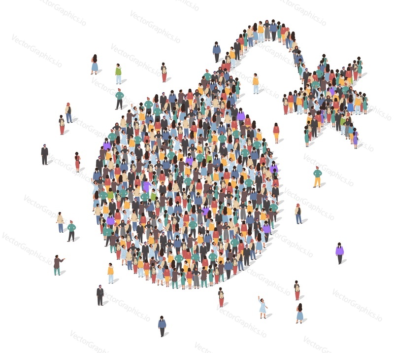 Large group of people in bomb shape, flat vector illustration. People crowd gathering. Danger, threat, aggression, anger, risk, crisis etc.