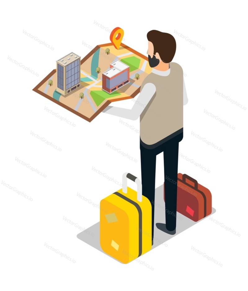 Tourist holding folded city map with location pin, flat vector isometric illustration. Travel route, tourism, destination, navigation.