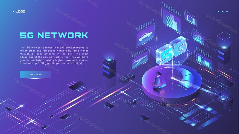 5G network website banner, web page design template, isometric glowing neon vector illustration. High speed wireless connection. 5G internet technology.