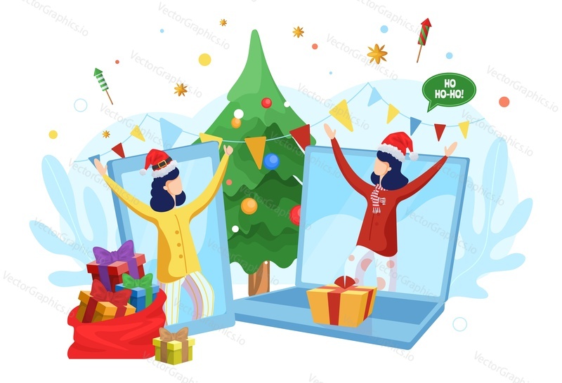 Happy girls celebrating Christmas online, flat vector illustration. Laptop computer and smartphone screens with young women in Santa hats. Online party, video call technologies.
