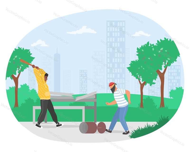 Street hooligans in face mask and hoodie kicking trash can and breaking bench with bat in city park, flat vector illustration. Street vandals damaging public property. Vandalism, aggression.