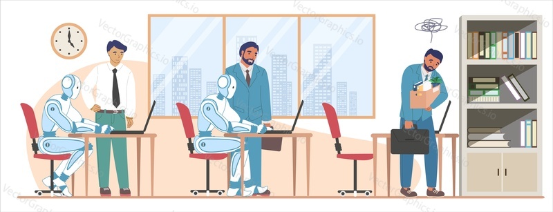 Fired employee leaving office, robot machines working on computers, flat vector illustration. Artificial intelligence superiority. Automation. Human staff reduction.