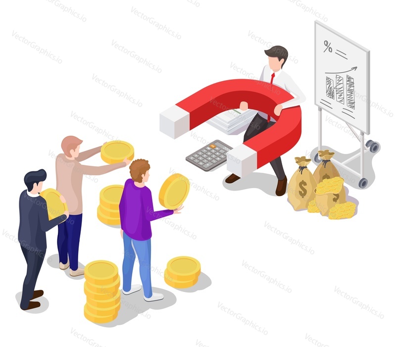 Businessman attracting business people investors holding money with magnet, flat vector isometric illustration. Attraction of finance investments.