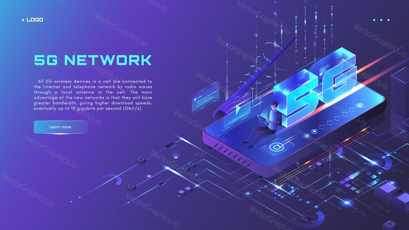5G network website banner, web page design template, isometric glowing neon vector illustration. The fifth generation of wireless technology.
