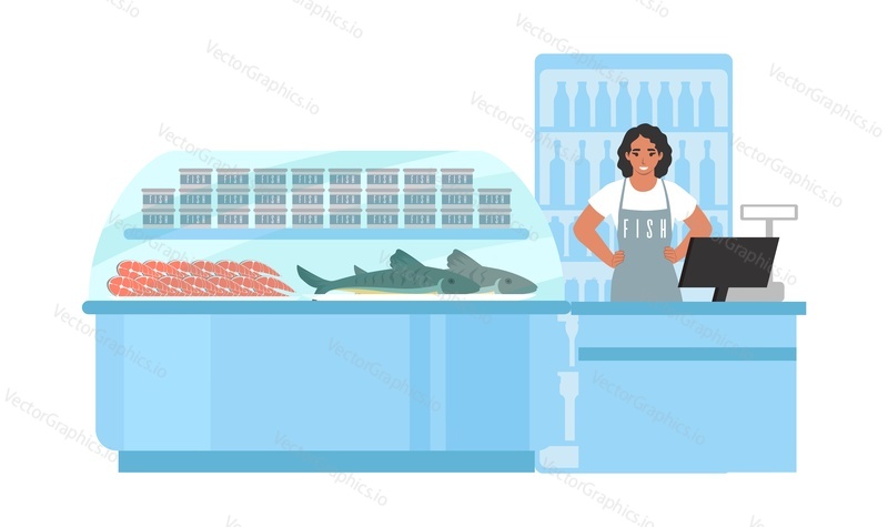 Fish store, flat vector illustration. Saleswoman standing at display fridge counter with fresh and tinned fish. Fishmonger shop, market. Supermarket, grocery store seafood section, department.