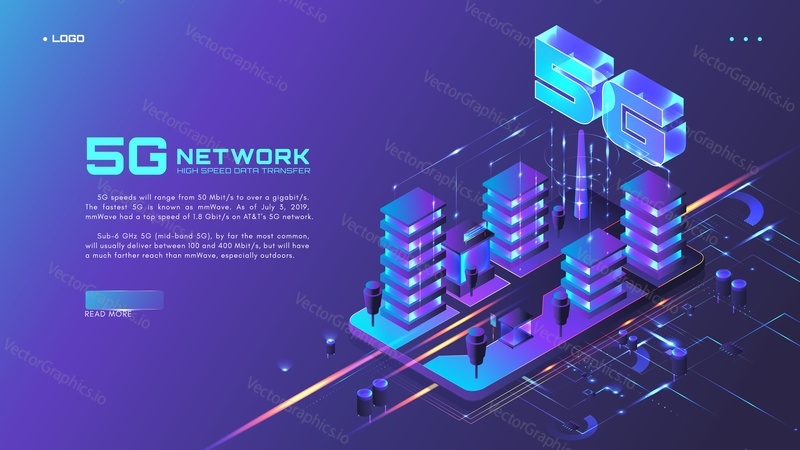 5G network website banner, web page design template, isometric glowing neon vector illustration. High speed data transfer. Smart city. The 5th generation mobile network.
