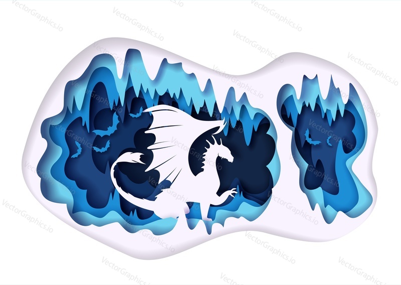 Dragon in cave, vector illustration in paper art craft style. Mythological creature, fantasy dinosaur, monster, fairy tale character silhouette.