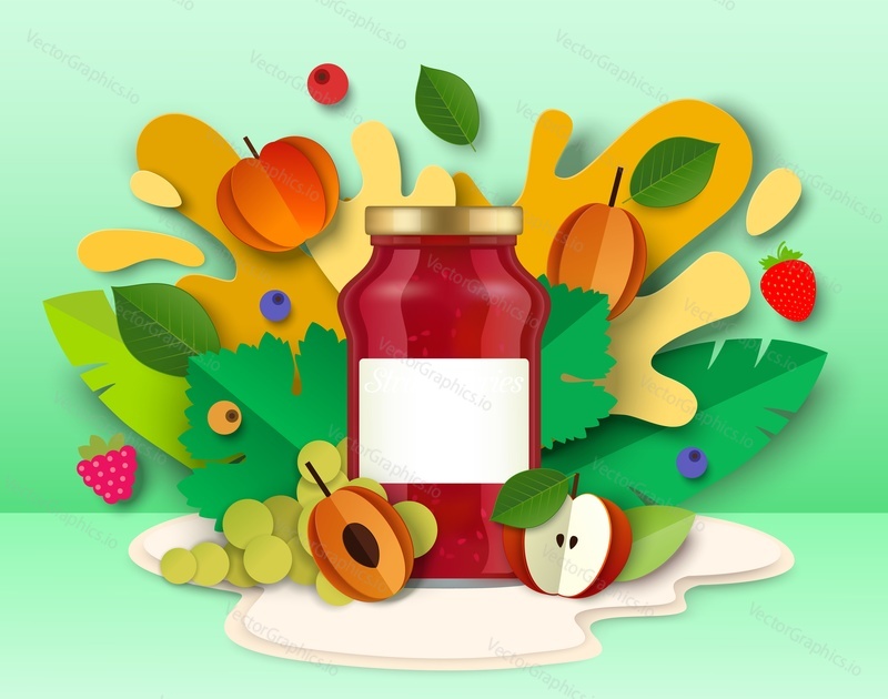 Fruit jam packaging glass jar, paper cut fresh apple, plum, strawberry, raspberry, grapes, liquid splashes and drops, vector illustration. Healthy fruit preserves.