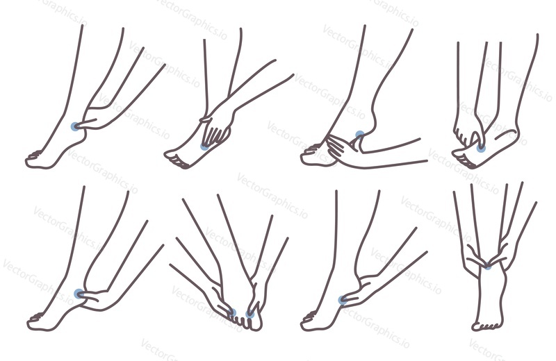 Acupressure foot massage therapy technique, vector illustration. Female character pressing points on her feet to reduce stress, aid digestion and promote sound sleep. Chinese medicine.