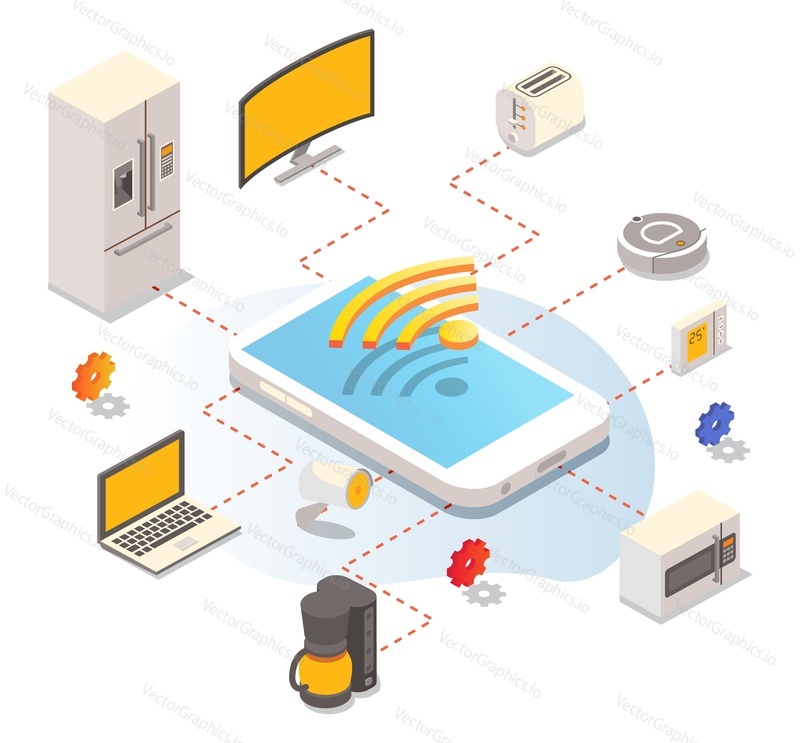 Internet of things, automated home, flat vector isometric illustration. Smart household appliances and devices controlled by mobile phone. Iot, smart house wireless technology.