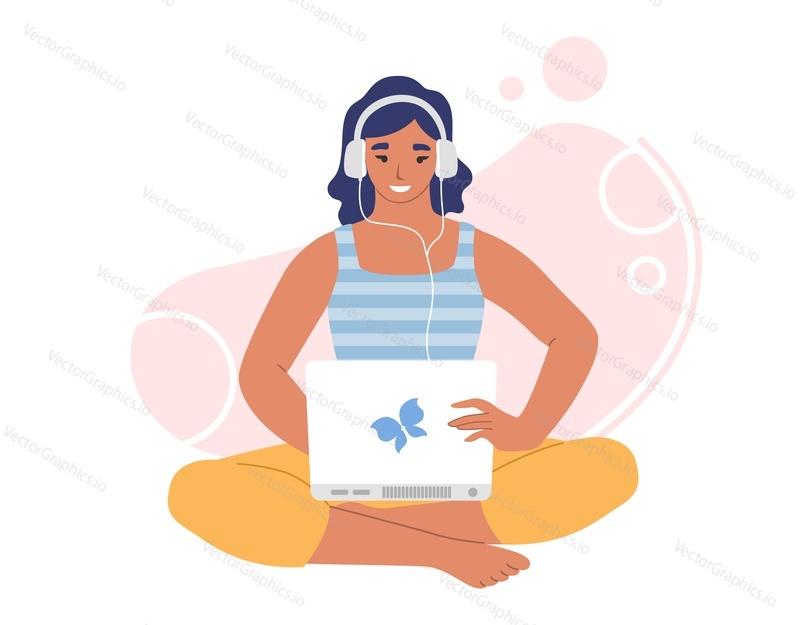 Woman in headphones listening to audio programs on laptop computer, flat vector illustration. Girl listening to music, radio, podcast, audiobook. Podcasting, online radio, streaming, broadcast media.