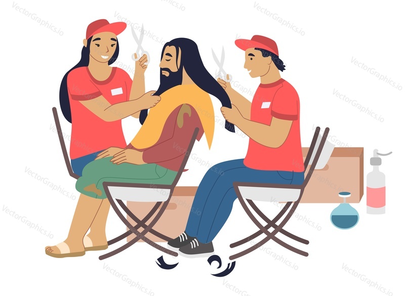 Volunteers barbers cutting hair of homeless person, flat vector illustration. Care for homeless, volunteering and charity.