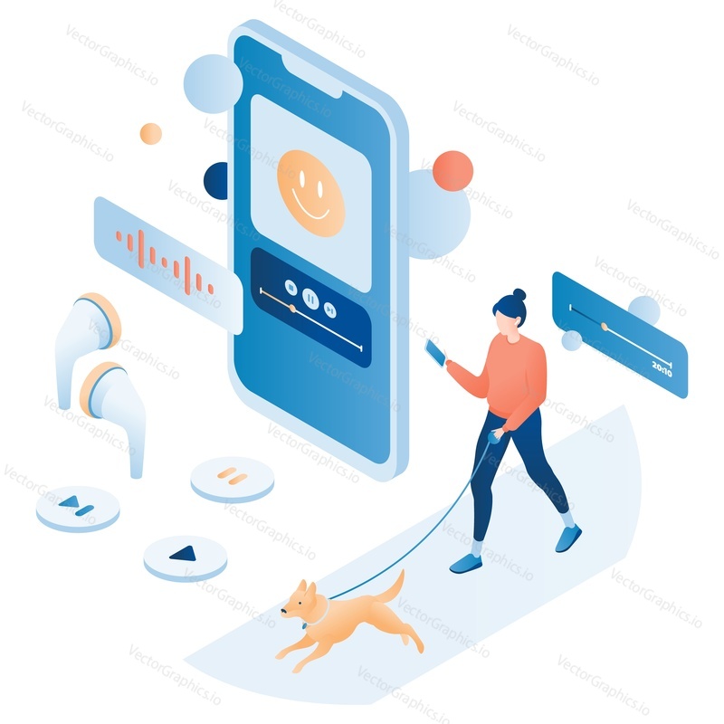 Woman walking dog with smartphone and listening to music, radio program, audiobook or podcast online, flat vector isometric illustration. Podcasting.