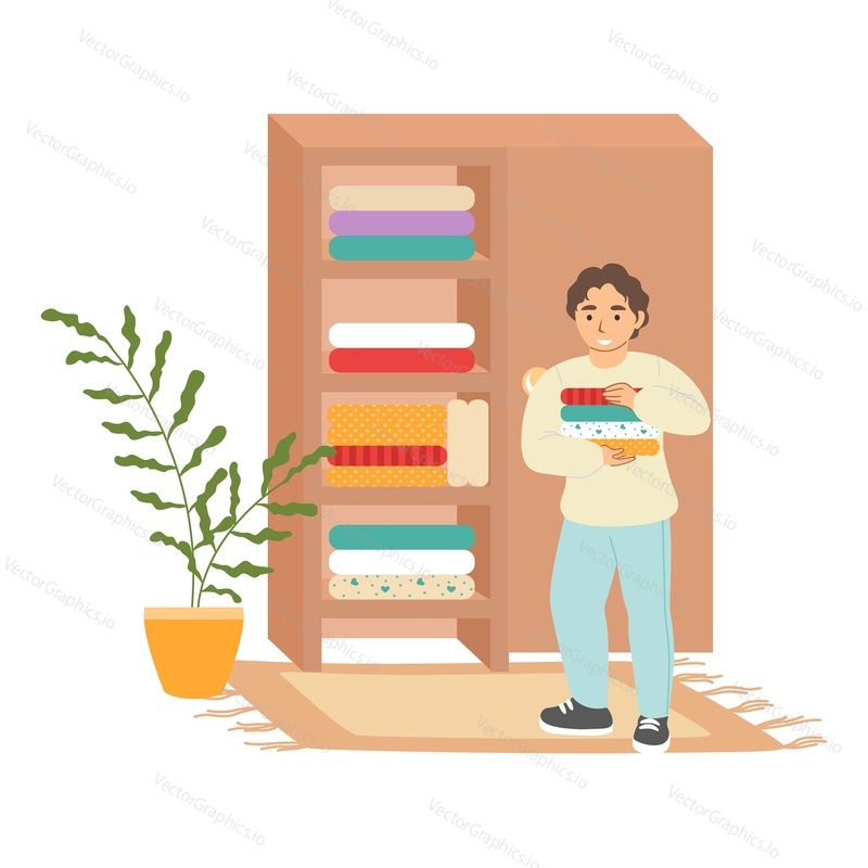 Cute boy kid putting folded clothes in wardrobe, helping parents with cleaning house, flat vector illustration. Kids household chores and responsibility.
