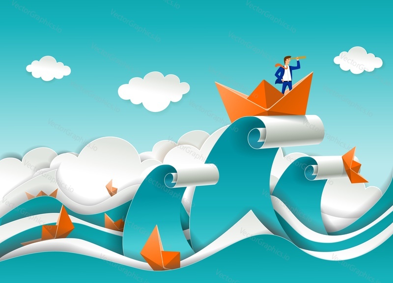 Businessman in boat on the top of ocean wave, vector illustration in paper art style. Business leader looking through telescope. Drowning in water paper boats. Business strategy, vision, success.