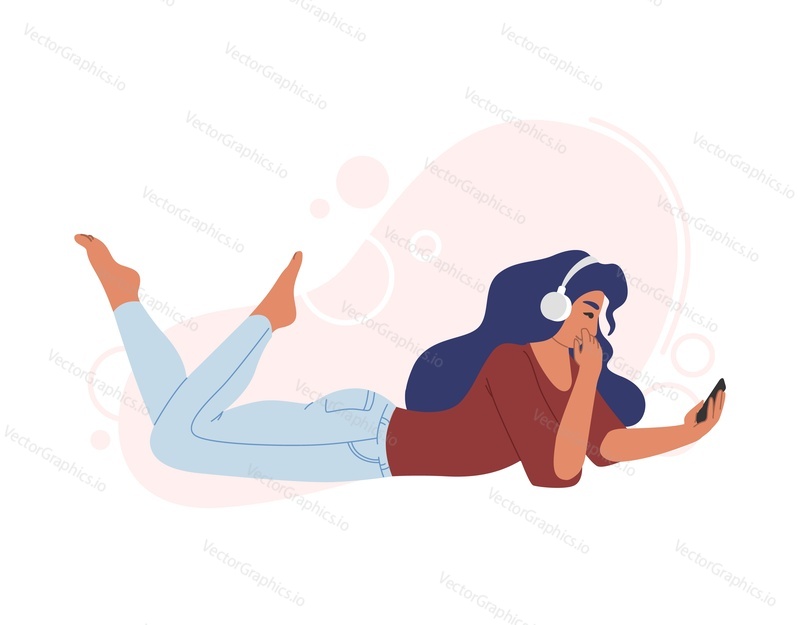 Woman in headphones listening to audio programs on smartphone, flat vector illustration. Girl listening to music, live radio, podcast, audiobook. Podcasting, online radio, streaming. Broadcast media.