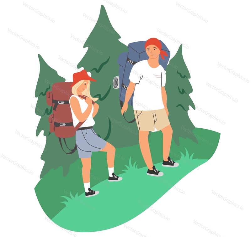 Happy couple walking down forest trail, flat vector illustration. Tourists with backpacks hiking, camping, trekking in the woods. Forest camp, summer outdoor activity, tourism, travel.