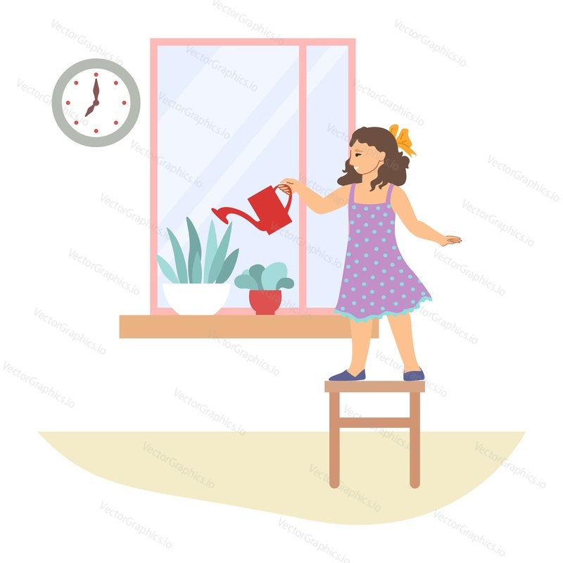 Cute girl kid watering houseplants, helping parents with cleaning house, flat vector illustration. Kids household chores and responsibility.