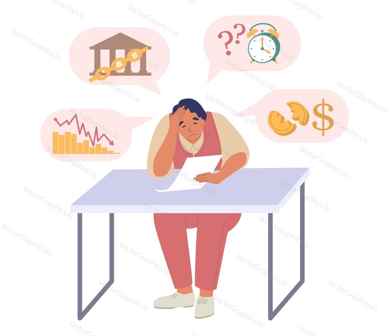 Businessman experiencing financial problems, flat vector illustration. Business failure, financial crisis, bankruptcy, economic crash, economy collapse.