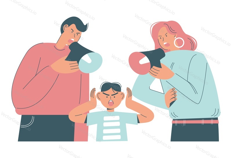 Angry father and mother screaming through megaphones scolding his son, flat vector illustration. Parent and child conflict, relationship.