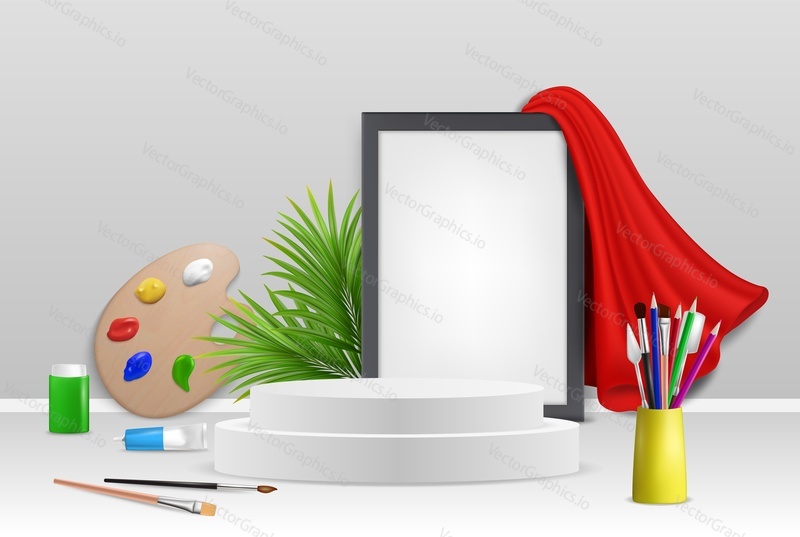 White round display podium, empty picture frame, palette, paintbrushes, pencils, vector illustration. Art background for advertising poster, banner, flyer etc.