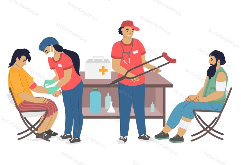 Volunteers providing medical assistance to homeless people, flat vector illustration. Care for homeless, volunteering and charity.