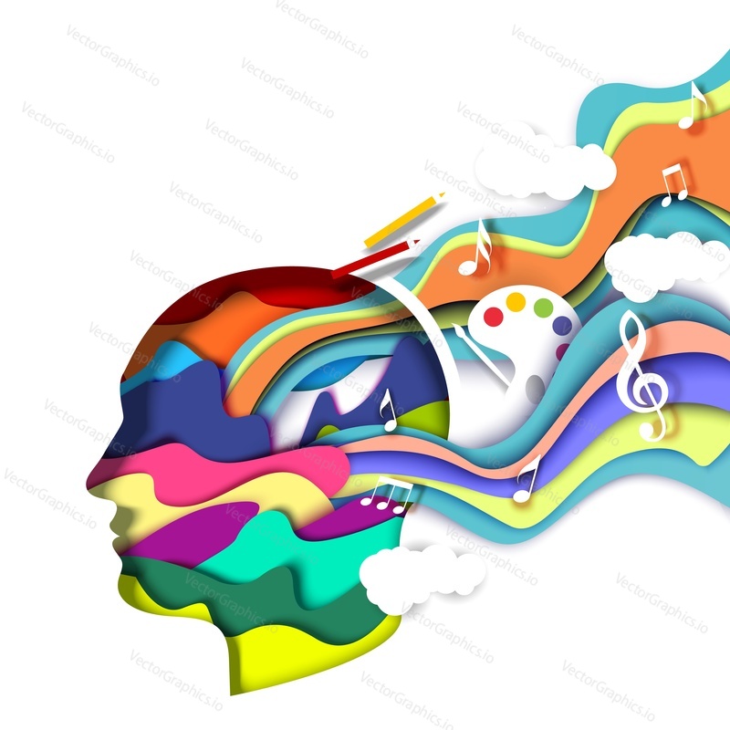 Layered paper cut craft style man head silhouette with abstract vibrant shapes, music notes, paintbrush and palette, vector illustration. Creative mind, art, thinking concept. Creative artist logo.